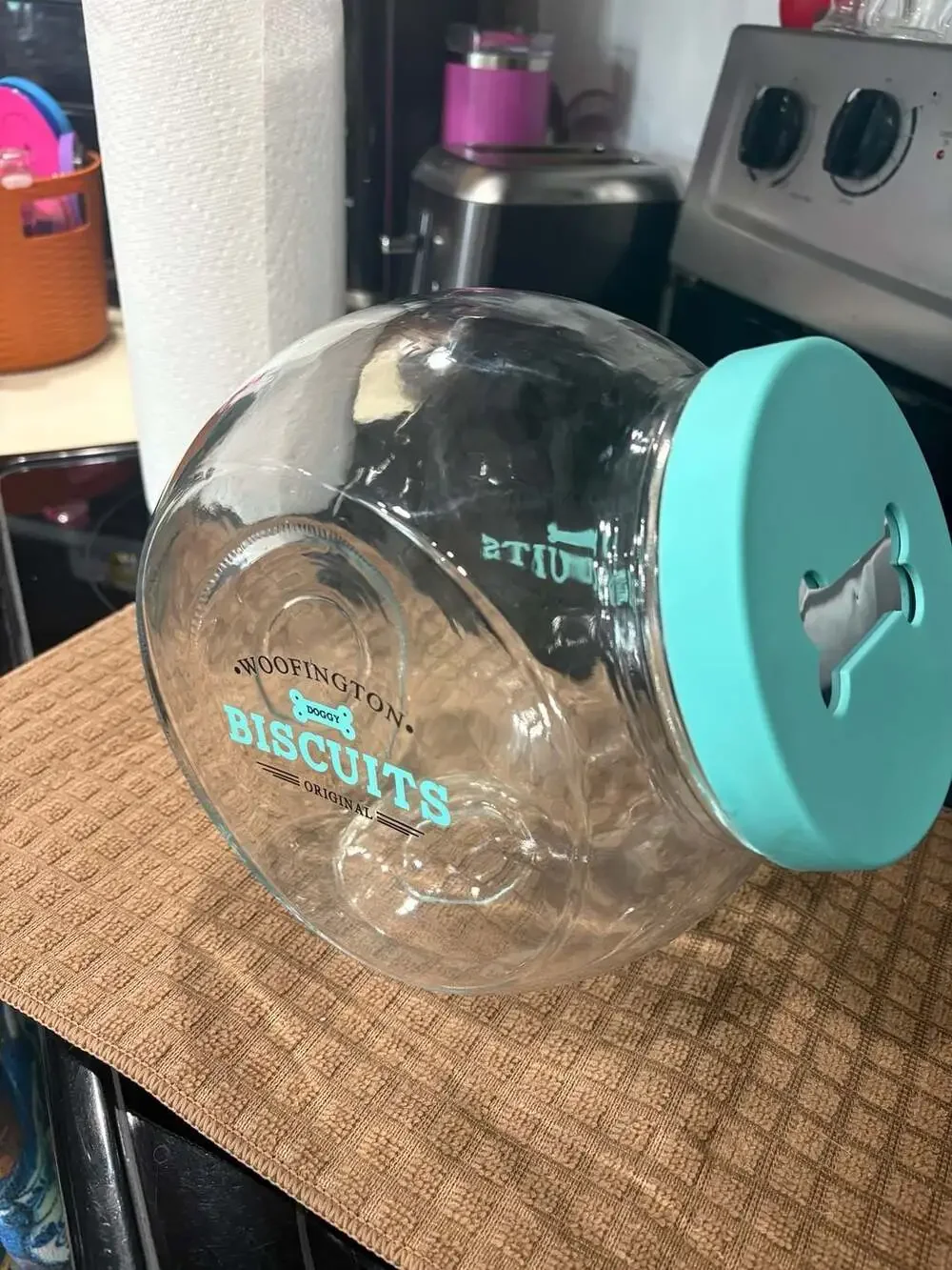 Woofington Doggy Biscuits Glass Treat Jar with Teal Bone Lid